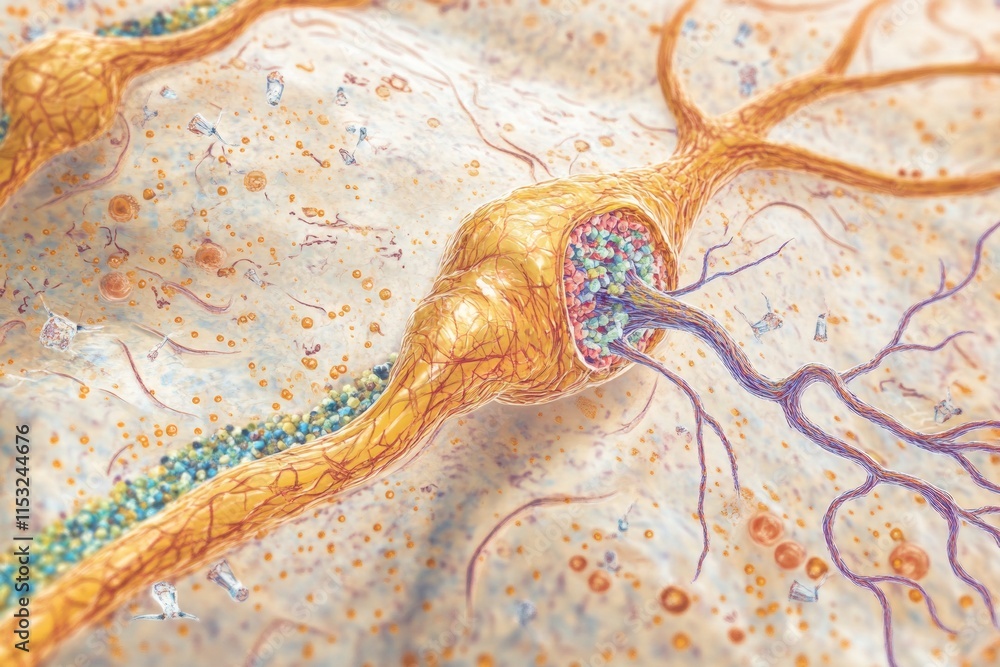 Poster microscopic view of a neuron: detailed illustration of neural structure and synaptic transmission