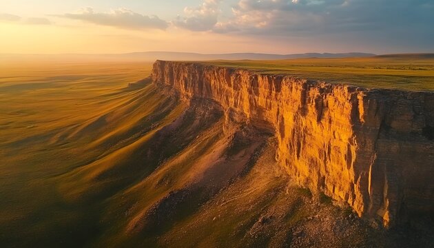 Bird eye view of the dramatic Tsagaan Suvarga cliffs, with colorful layers glowing under the golden light, in 4K resolution