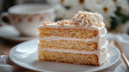 Delicious Slice of Cake with Cup of Tea