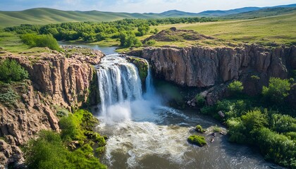 Obraz premium Bird eye view of the Ulaan Tsutgalan Waterfall, with water cascading into a rocky gorge surrounded by lush greenery, in 4K resolution
