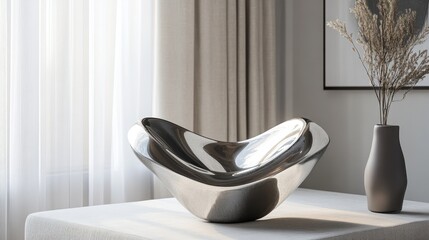 A sleek, modern metallic bowl on a table, accompanied by a vase of dried flowers in a stylish room.