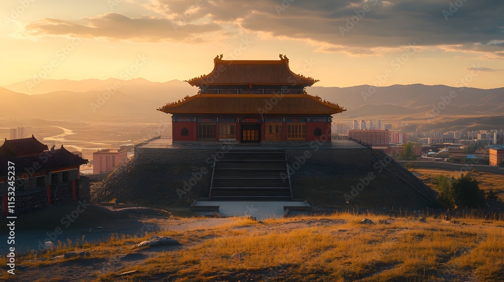 Aufkleber front view of the vibrant gandan monastery in ulaanbaatar, glowing under the soft morning light, in 