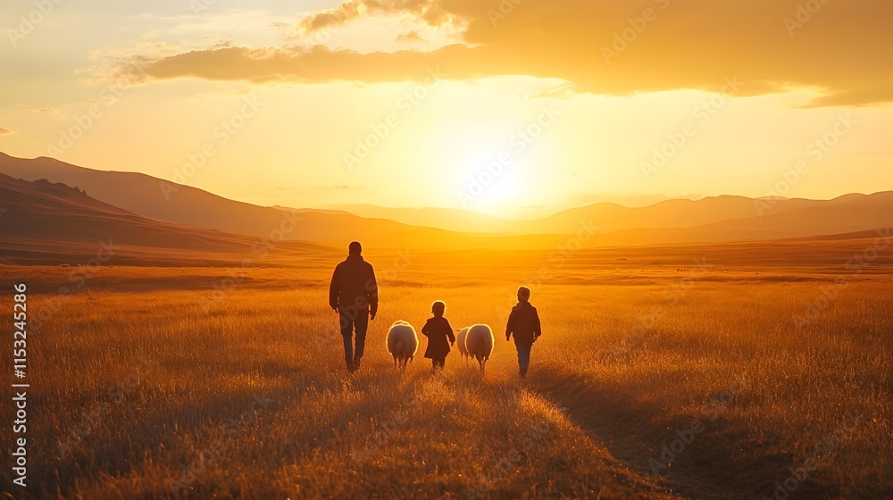 Aufkleber front view of a nomadic family herding sheep across the steppe at sunset, with golden light creating