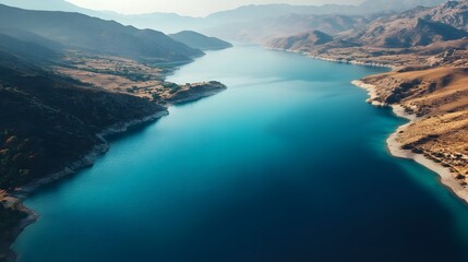 Obraz premium Aerial shot of the tranquil Tolbo Lake, with its vibrant blue waters surrounded by rugged mountains, in 4K resolution