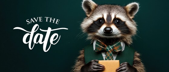 Dapper Raccoon in Green Suit Holding Save the Date Card