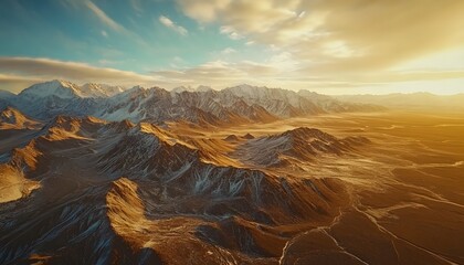 Bird eye view of the dramatic peaks of the Altai Tavan Bogd, with their icy ridges glowing under golden light, in 4K resolution