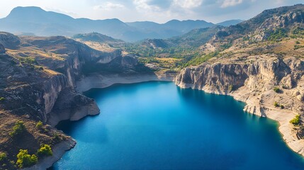 Naklejka premium Aerial shot of the tranquil Tolbo Lake, with its vibrant blue waters surrounded by rugged mountains, in 4K resolution