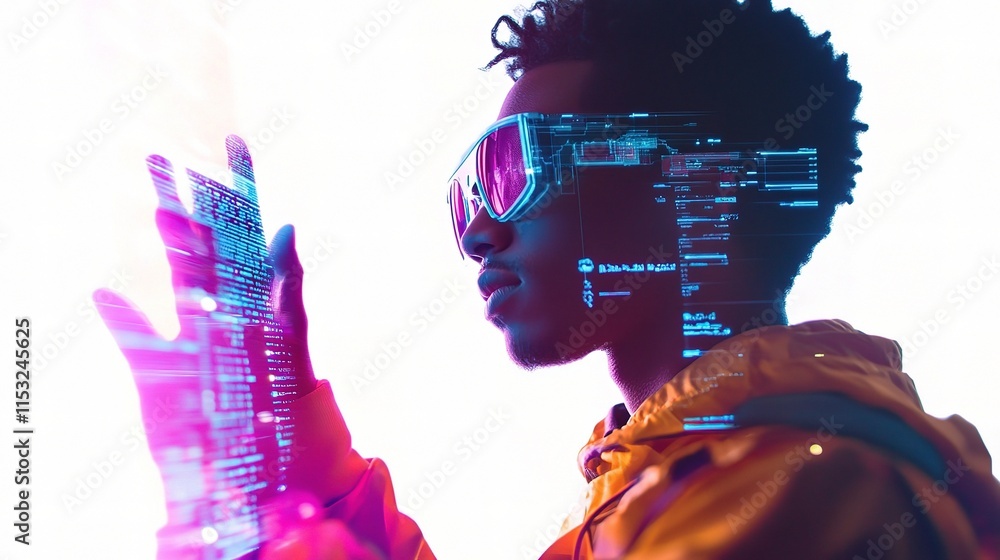 Poster innovative developer using holographic interface for coding projects