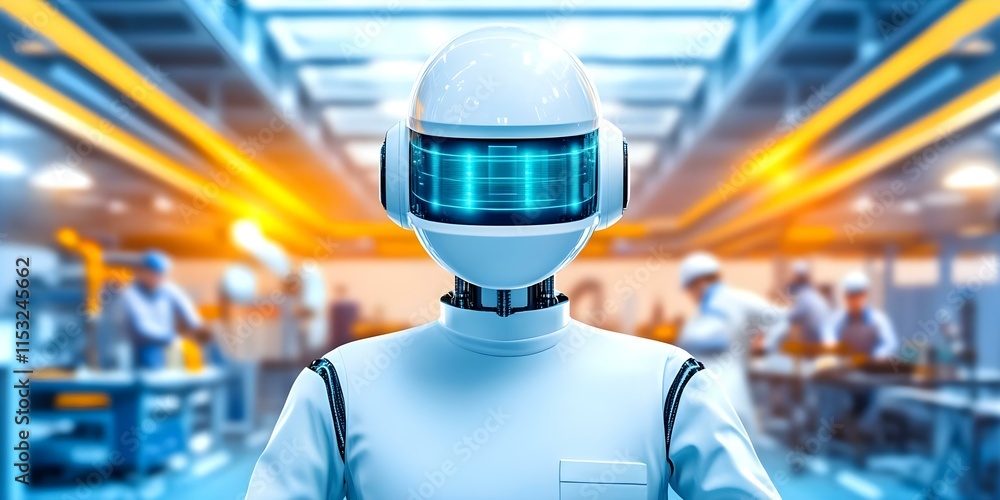 Poster a futuristic robot with a sleek design and glowing visor stands in a high-tech industrial environmen