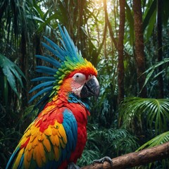 Fototapeta premium A glowing phoenix-like parrot with radiant feathers in a fantasy jungle.