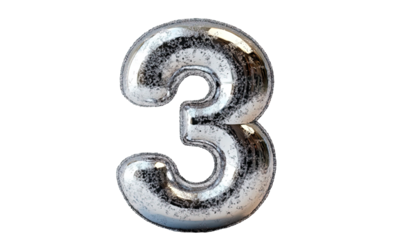 Number three shiny metallic isolated on white or transparent background