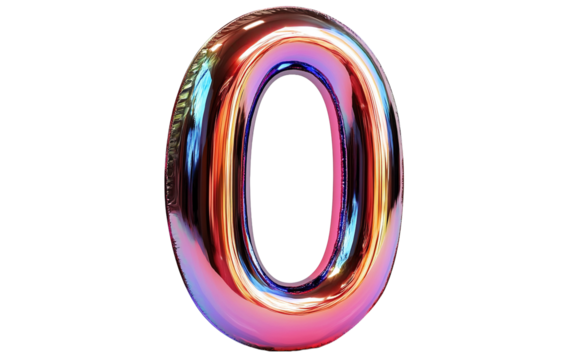 Number zero foil shiny metallic isolated on white or transparent background