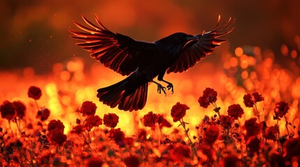 Fototapeta premium A black crow launches into the air, its powerful wings silhouetted against a fiery orange sunset. the image conveys drama and movement.