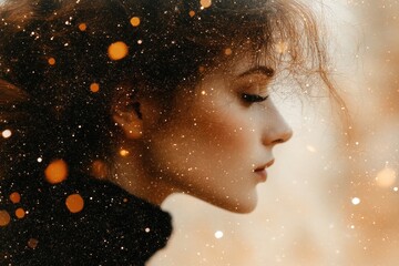 A profile portrait of a young Caucasian woman with wavy red hair, set against a dreamy, sparkling background, exuding a serene mood.