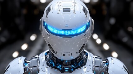 Futuristic white robot head with glowing blue visor.