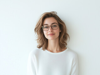 Obraz premium Confident and Charming: A Woman in Glasses Posing Against a White Wall, Blending Casual Style with Sophisticated Demeanor