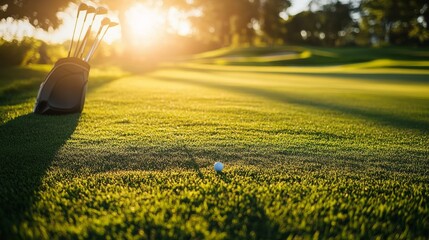 A serene golfing session on a sunlit fairway, Golf clubs and tees set up for tee-off, Classic sports style
