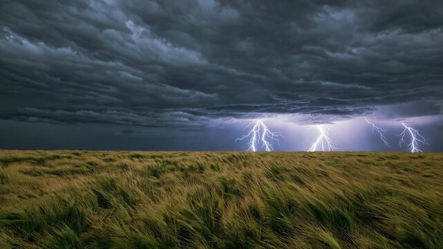 Stormy Landscape with Converging Lightning, Golden Grass Field, Rural Background for Moody Compositions or Weather Event Visualization