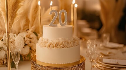 A minimalist white and gold cake with glowing silver number 20 candles, set against a chic party backdrop.