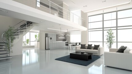 Modern open-plan loft apartment interior with spiral staircase, kitchen, living area, and large windows.