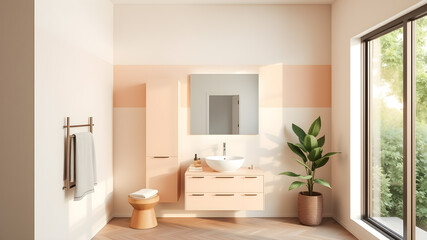 modern bathroom, tall wall-mounted cabinet, diverse light furniture, single large frameless mirror above sink, floor-to-ceiling window, warm reflections, abundant natural daylight, Generative AI