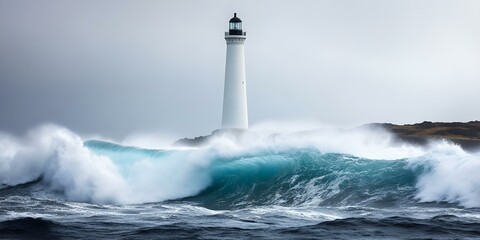 A tall white lighthouse stands on rocky terrain, surrounded by large, crashing ocean waves under a cloudy sky. Concept Lighthouse Photography, Dramatic Seascapes, Coastal Landscapes, Nature's Fury