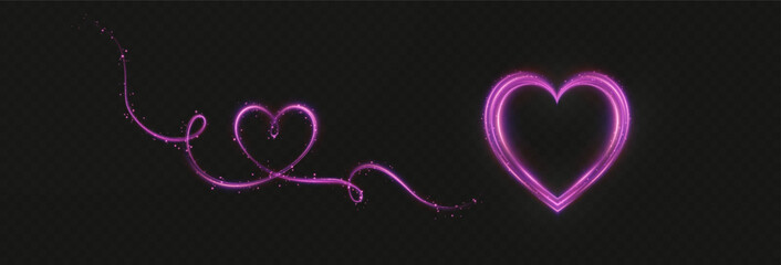 Heart pink with flashes isolated on transparent background. Light heart for holiday cards, banners, invitations. Heart-shaped neon wire glow.	
