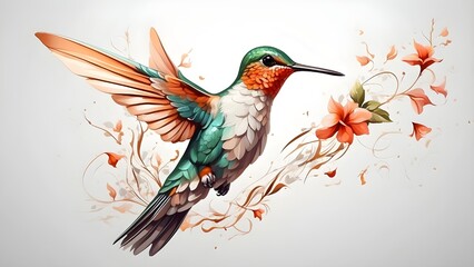 A stunning hummingbird soaring on a white backdrop. Illustration produced by AI
