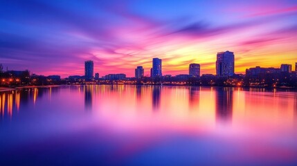 Naklejka premium Vibrant City Skyline Reflected In Calm Water At Sunset