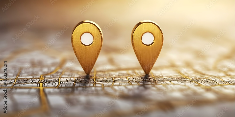 Poster two golden location pins placed on a blurred map, symbolizing navigation or specific geographic poin