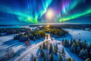 Minnesota Night Sky: Majestic Aurora Borealis and Moonlight Drone Photography