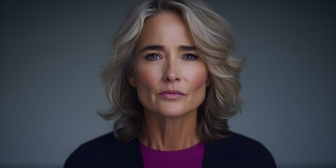 A woman with medium-length blonde hair and blue eyes, wearing a dark jacket over a brightly colored top, gazes directly at the viewer. Concept Portrait Photography, Fashion Statement, Direct Gaze