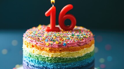 A rainbow cake with confetti sprinkles and a bold red number 16 candle glowing on top, perfect for a sweet sixteen.
