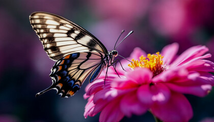 Fototapeta premium A close-up of a black and white butterfly perched on a pink flower against a blurred purple background with white highlights
