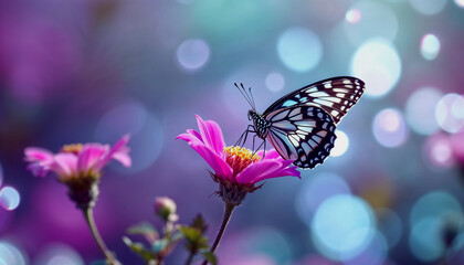 Obraz premium A close-up of a black and white butterfly perched on a pink flower against a blurred purple background with white highlights