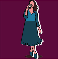 Young cute girl is standing and drinking coffee Woman is holding a coffee cup