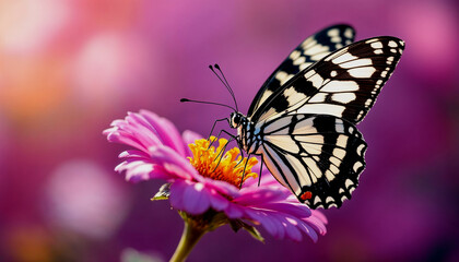 A close-up of a black and white butterfly perched on a pink flower against a blurred purple background with white highlights