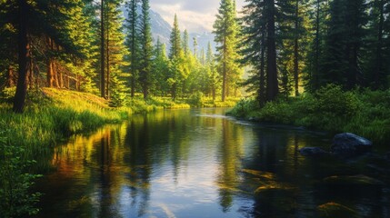 Obraz premium Serene River Flows Through Lush Green Forest