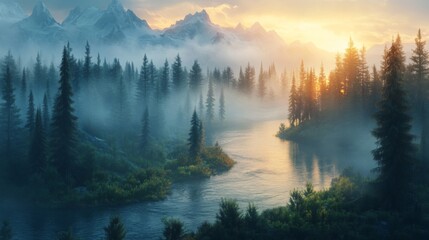 Fototapeta premium Serene Sunrise Over Misty Mountain River And Forest
