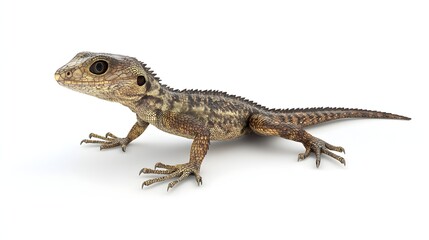 Naklejka premium A Juvenile Brown And Gold Lizard Poses On White