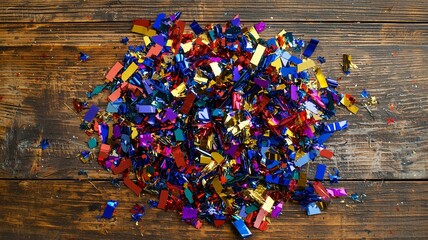 Fototapeta premium Close-up of colorful New Year’s confetti and streamers scattered on a wooden table 