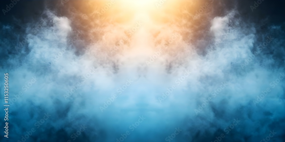 Poster a dramatic display of clouds and mist with bright light piercing through, creating a layered, atmosp