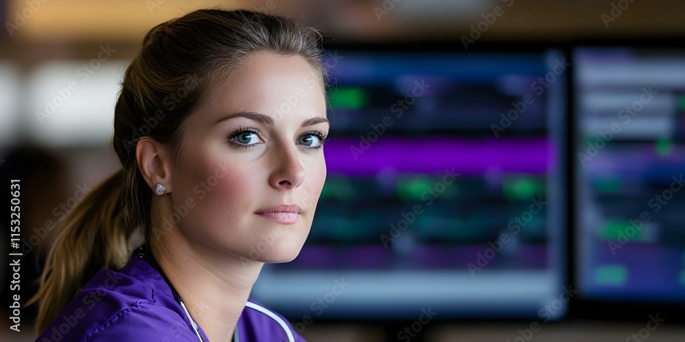 Aufkleber a nurse with a focused expression is looking at the camera, set against multiple computer monitors d