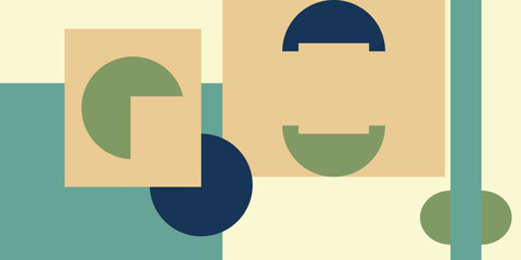 Minimalist geometric composition with a pastel color palette, featuring circles, squares and triangles that create visual harmony.