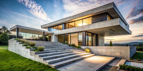 Fototapeta premium Modern Concrete House Exterior with Large Windows & Stone Steps - Architectural Photography