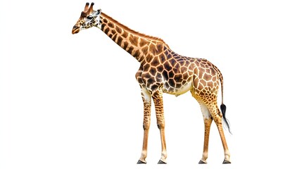 Fototapeta premium A Single Giraffe Stands Isolated Against A White Background