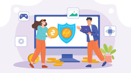 An illustration of a collaborative NFT marketplace and crypto trading platform, featuring users engaged in buying, selling, and trading digital assets like NFTs and cryptocurrencies. 