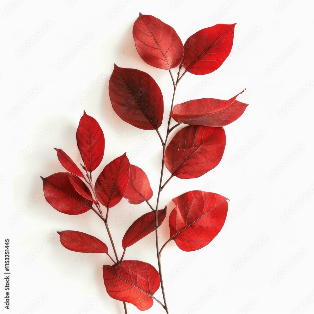 Poster minimalist composition featuring a branch with red autumn leaves on a white background, creating a s