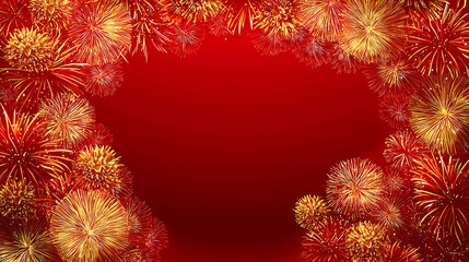 Vibrant red background with glowing golden fireworks creating festive atmosphere