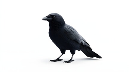 Fototapeta premium A solitary black crow stands against a white background